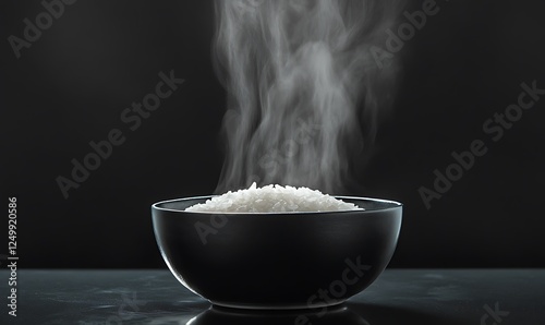 Steaming bowl of freshly cooked rice against a dark background photo