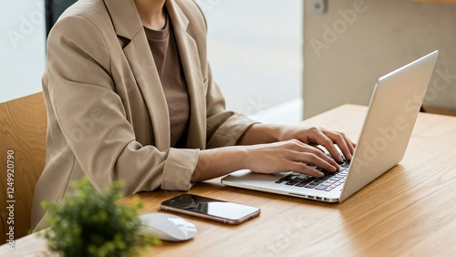A person in a beige blazer types on a laptop at a wooden table, with a smartphone and a small plant nearby.