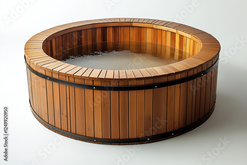 Wooden hot tub with circular design, featuring smooth surface and water. Ideal for relaxation and outdoor settings, showcasing natural wood texture and craftsmanship