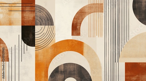 Abstract geometric pattern with brown arches and lines on textured beige background
