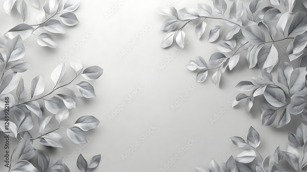 Obraz premium Silver Leaf Branches Frame White Background