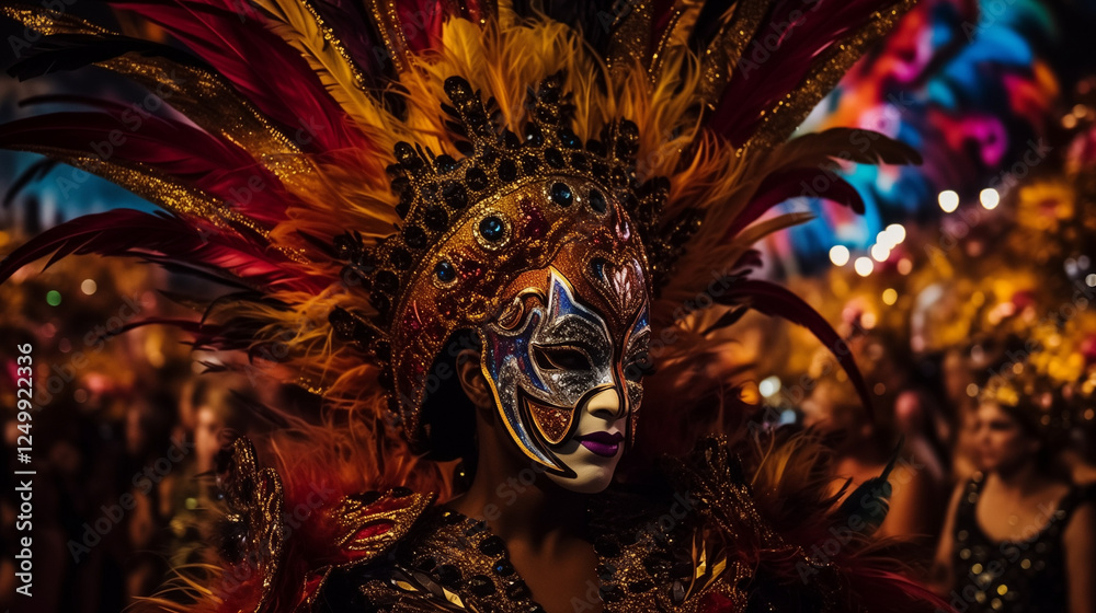 Fototapeta premium Carnival in Rio de Janeiro, a vibrant parade with dancers in dazzling feathered costumes adorned with sparkling gemstones, samba performers filling the street with rhythm and joy, colorful floats with