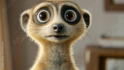 surprised meerkat looking at camera, wide-eyed expression, isolated light background, humorous and cute, realistic fur details, curious and playful character, close-up