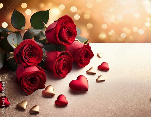 Rosas rojas y corazones rojos y dorados, felicitación san valentín, sant jordi, amor