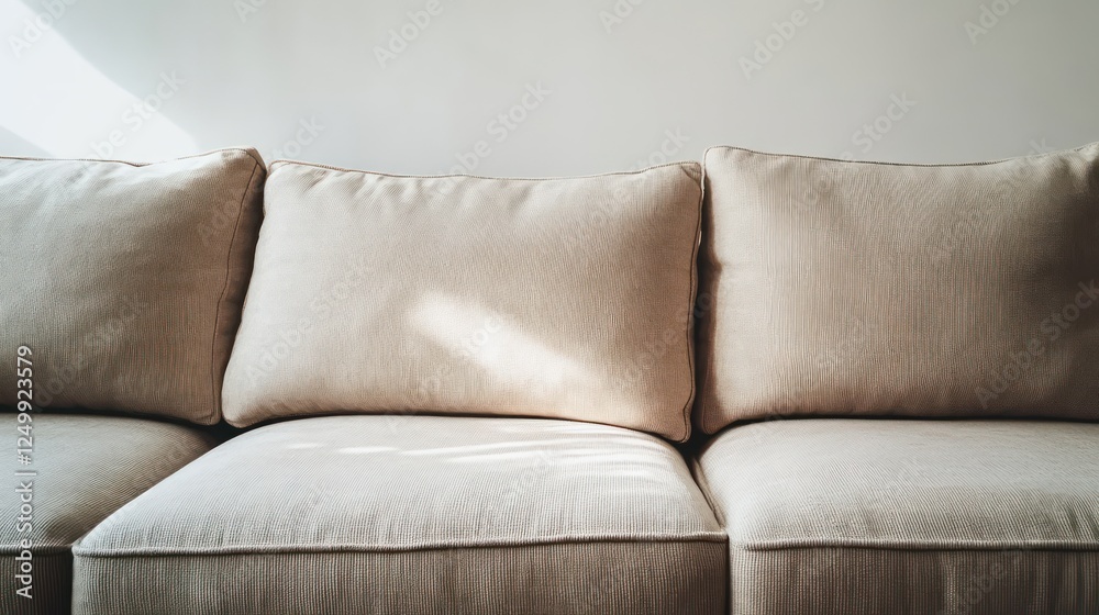 Fototapeta premium A sleek, minimalist sofa with soft textures and neutral tones, perfectly complementing a modern living room aesthetic.