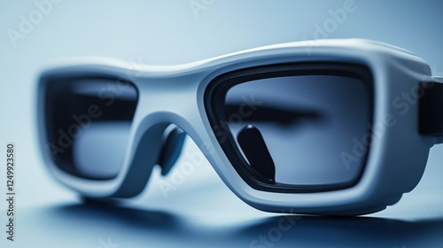 Modern sunglasses resting on a smooth surface with a soft blue background, showcasing sleek design