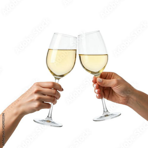 Set of girls hands holding white wine glass and toasting on transparent background