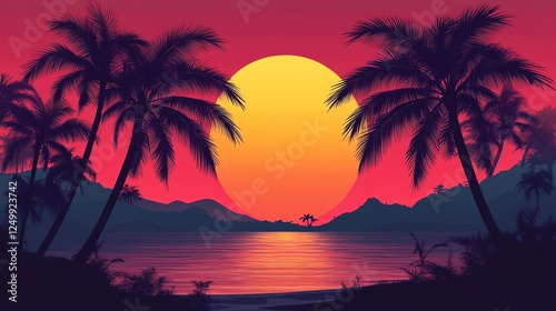 A vibrant sunset scene with palm trees silhouetted against a colorful sky, reflecting on calm waters, creating a serene tropical atmosphere.