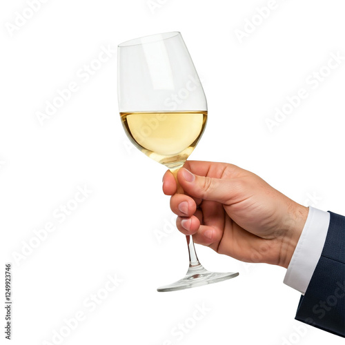 Man hand holds gives a glass of white wine on a transparent isolated background. Place for text