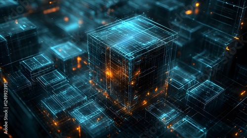 Isometric grid layout of a complex diagram clean l 24311b85-a11e-45a0-aaff-9c068c7a0437 1 featuring a 3d cube with glowing lights