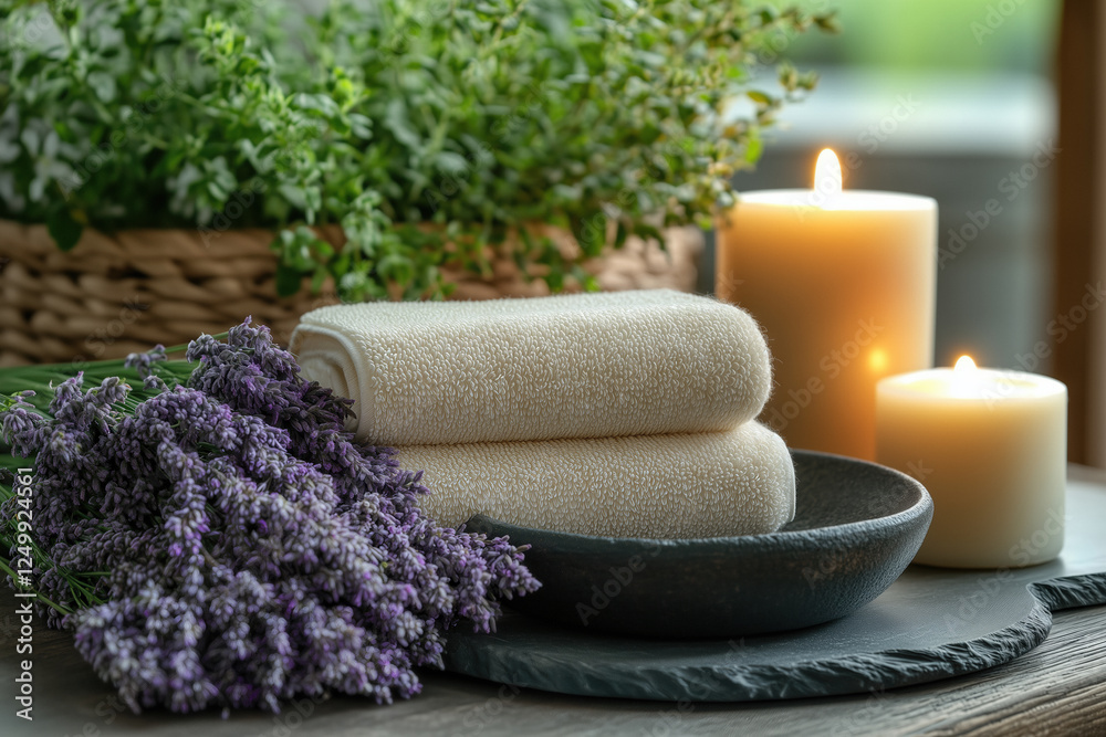 Creating a tranquil atmosphere, soft, folded towels rest on a dark gray bowl alongside a bouquet of lavender and lit candles, enhancing the serene ambiance perfect for relaxation and pampering Creating a tranquil atmosphere, soft, folded towels rest on a dark gray bowl alongside a bouquet of lavender and lit candles, enhancing the serene ambiance perfect for relaxation and pampering