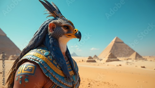 Ancient Egyptian Horus Character in Desert with Pyramids Background