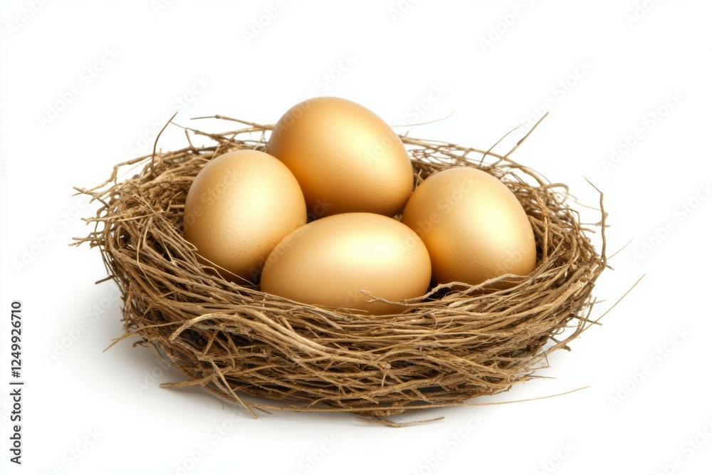 Nest of four golden eggs sits on a white background Nest of four golden eggs sits on a white background