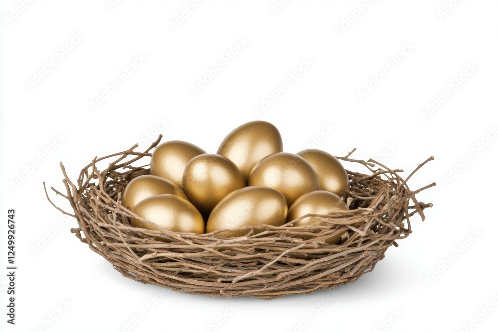Nest of gold eggs sits on a white background Nest of gold eggs sits on a white background