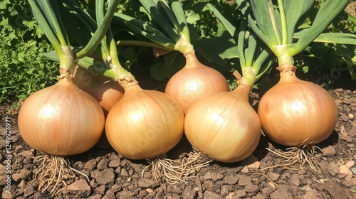 Large whole onion with a smooth golden-brown surface and natural blemishes photo