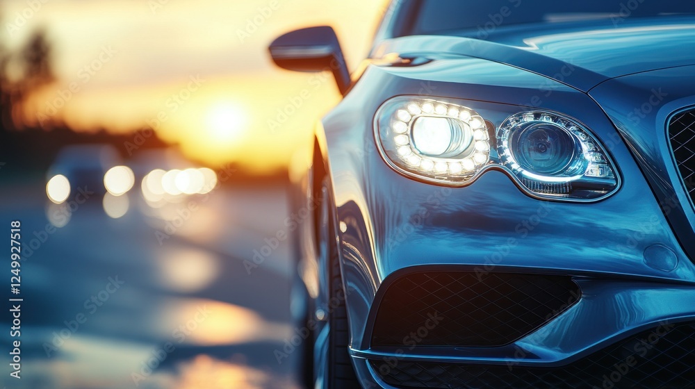 Luxury Sports Car Headlight Sunset Drive Luxury Sports Car Headlight Sunset Drive