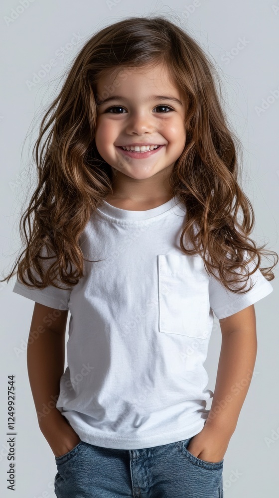Adorable Smiling Child with Long Hair in Casual White T-Shirt