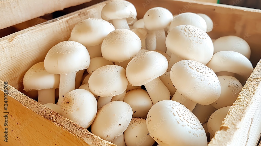 A fresh batch of white mushrooms carefully arranged in a wooden crate, perfect for culinary use and recipes. A fresh batch of white mushrooms carefully arranged in a wooden crate, perfect for culinary use and recipes.