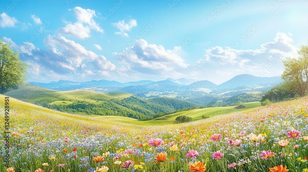Obraz premium Beautiful Spring Landscape with Vibrant Wildflowers Blooming in a Lush Green Meadow