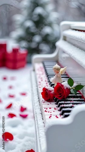 piano in winter with red roses and angel decoration