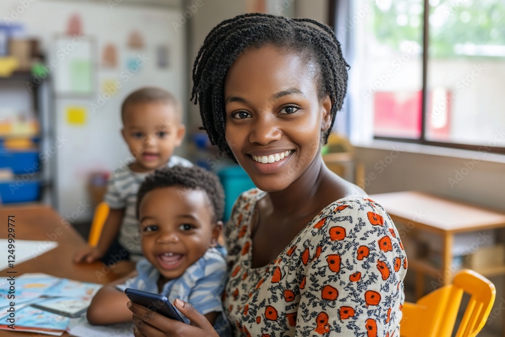 Happy mother with two children at home using a smartphone. Happy mother with two children at home using a smartphone.