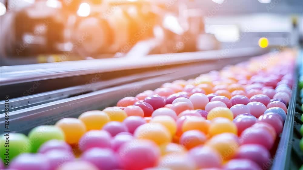 Colorful plastic balls arranged in rows on a conveyor belt in a factory setting, likely for manufacturing or sorting. Colorful plastic balls arranged in rows on a conveyor belt in a factory setting, likely for manufacturing or sorting.