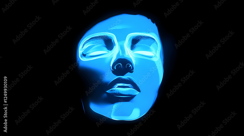 Blue luminous hologram with a human face on a dark background. glitch effect. virtual or augmented reality. artificial digital human head. Augmented Reality Worlds. Illustration