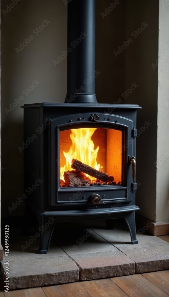 Luxury wood stove, burning embers, premium finish , contemporary, minimal, fireplace