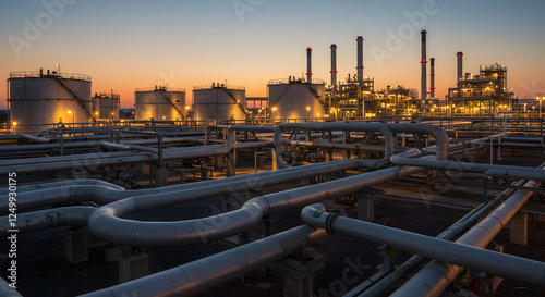 A contemporary natural gas power station defined by an intricate network of pipelines and tanks
