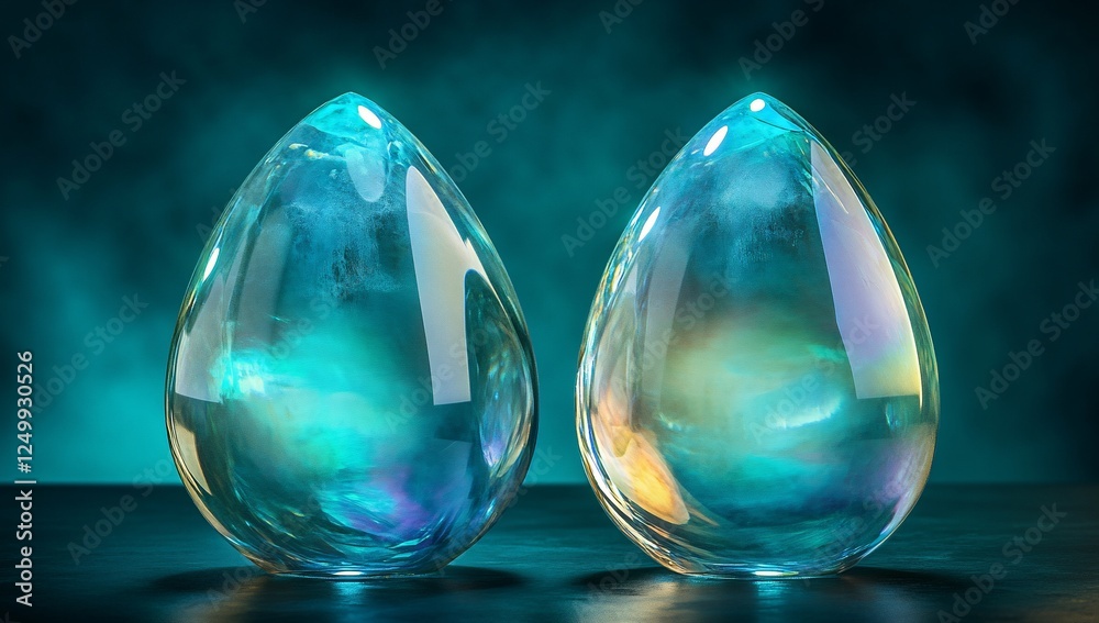 Two iridescent teardrop glass orbs on dark surface. Two iridescent teardrop glass orbs on dark surface.