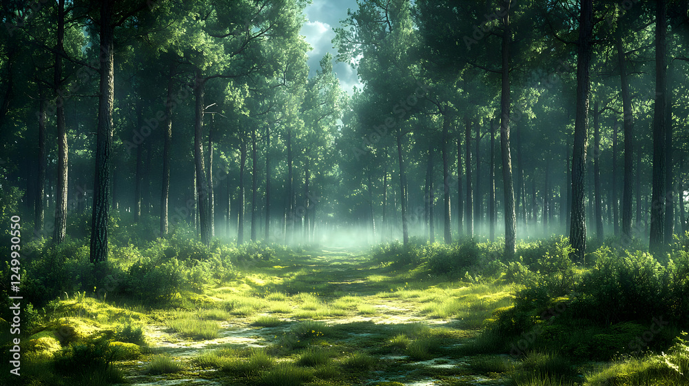 Obraz premium Sunlight Path Through Lush Green Forest