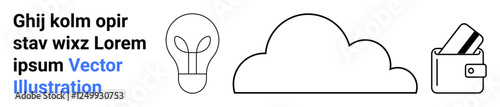 Light bulb outline, cloud shape, and wallet holding cards represent ideas, data storage, finance. Ideal for tech, finance, innovation data storage cloud computing business education. Landing page