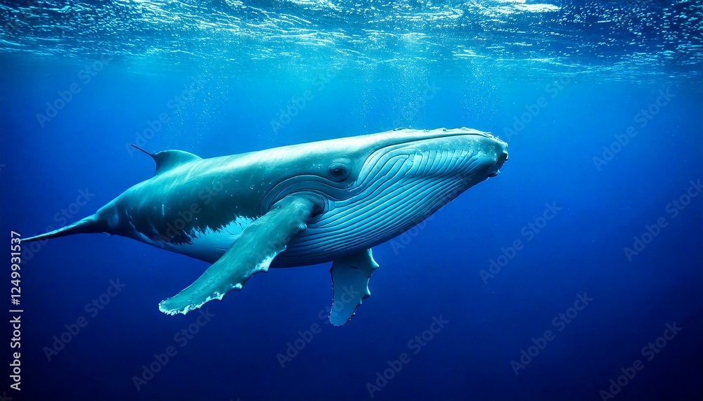 Fototapeta premium Majestic Blue Whale Underwater – Gentle giant in dreamy ocean blues with empty copy space