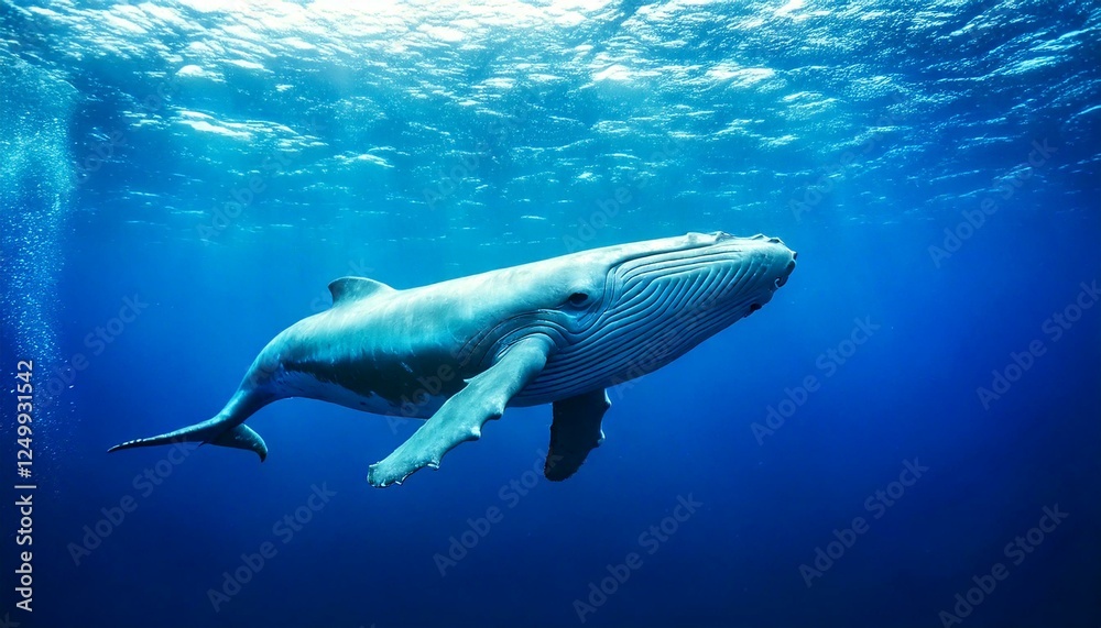Fototapeta premium Majestic Blue Whale Underwater – Gentle giant in dreamy ocean blues with empty copy space