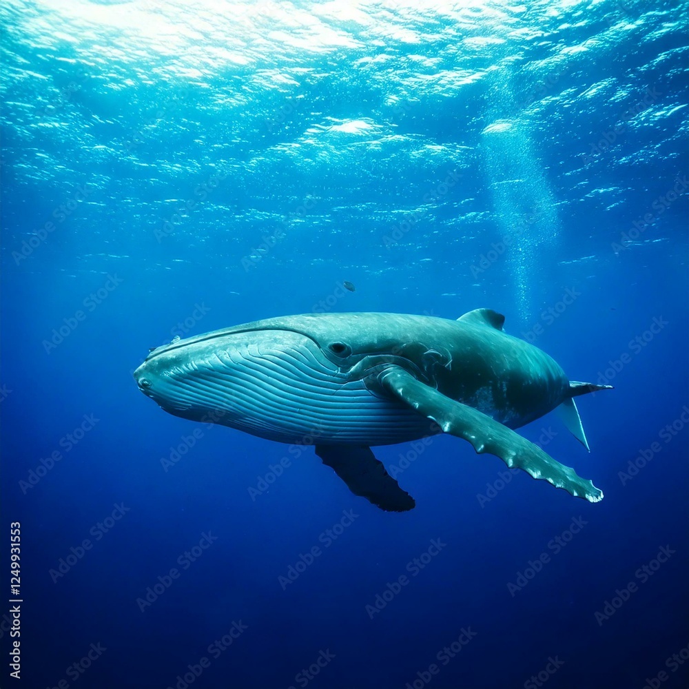 Fototapeta premium Majestic Blue Whale Underwater – Gentle giant in dreamy ocean blues with empty copy space