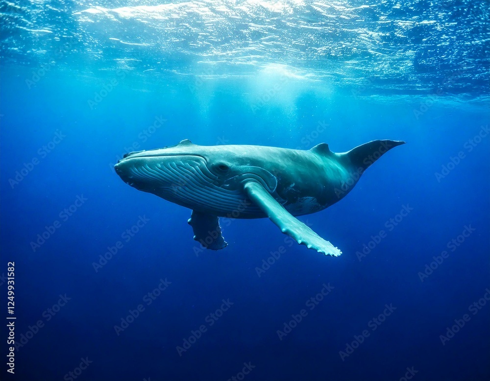 Fototapeta premium Majestic Blue Whale Underwater – Gentle giant in dreamy ocean blues with empty copy space