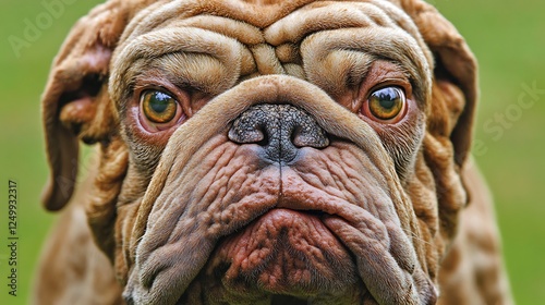 Close-up portrait of a wrinkled dog with snow on its face, capturing its expressive eyes and unique textures against a blurred green background photo