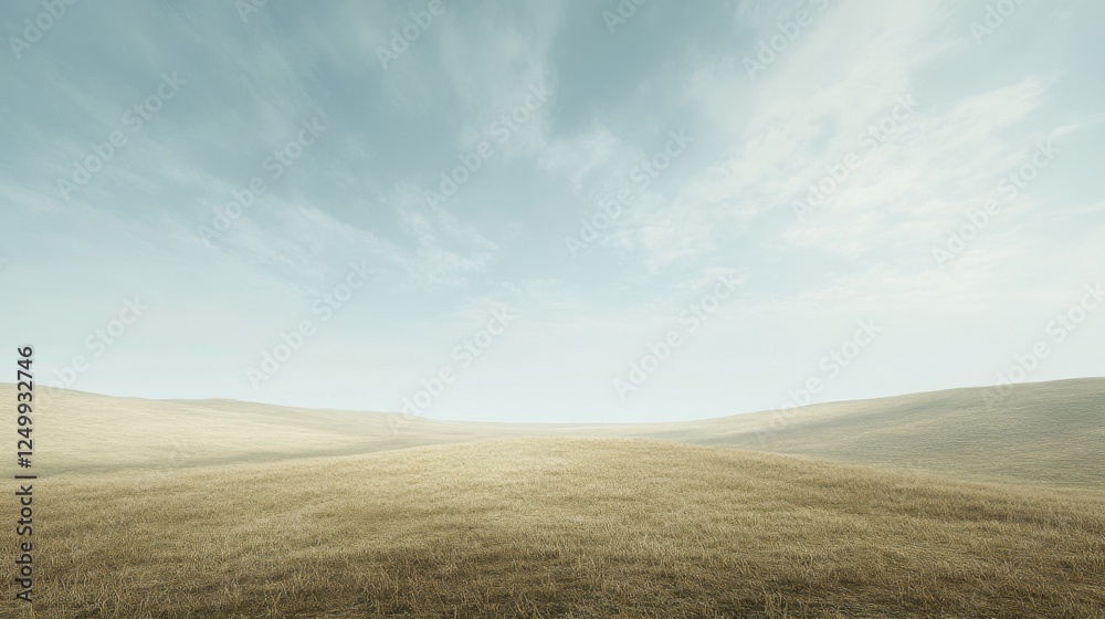 Serene landscape of rolling golden hills under a vast blue sky, evoking tranquility and peace