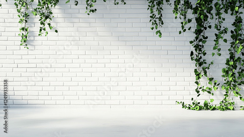 A white cement wall with exposed bricks and ivy symbolizes resilience and growth The modern bright tone evokes clarity while the blurred empty space suggests opportunity and new beginnings