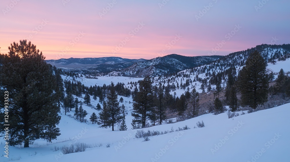 Fototapeta premium Winter landscape snow-covered mountains nature photography evening glow panoramic view serene atmosphere