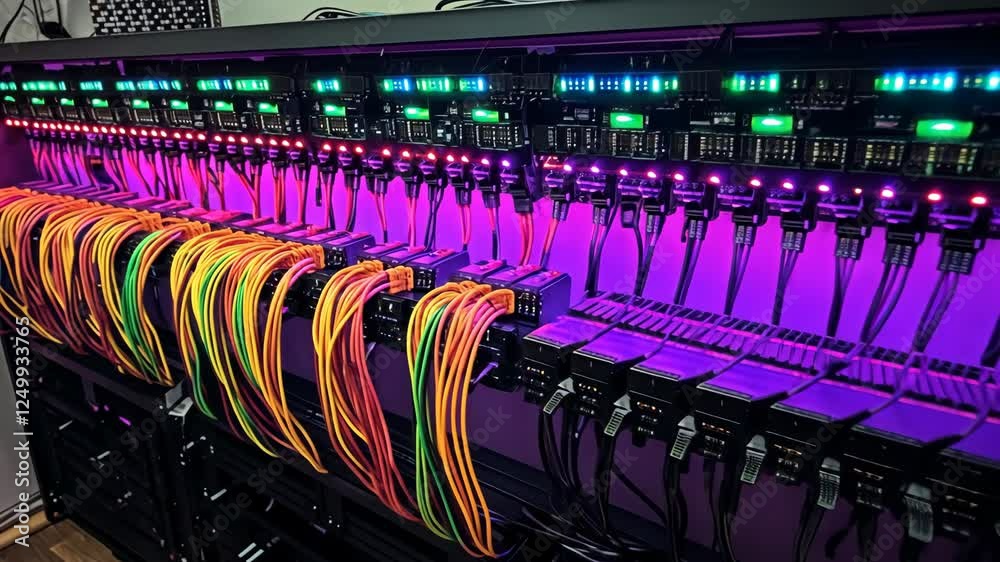 Colorful illuminated network switch with cables in a modern data center at night showcasing advanced technology