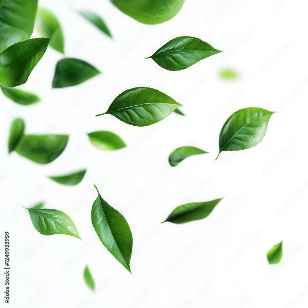 Green Flying Leaves Isolated on White Background for Freshness and Eco-Friendly Branding Concepts Green Flying Leaves Isolated on White Background for Freshness and Eco-Friendly Branding Concepts