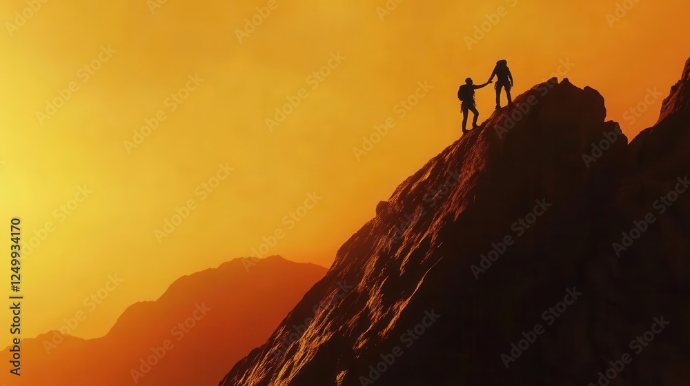 Help and Assistance Concept Featuring Two Silhouetted Climbers Supporting Each Other on a Mountain Ridge at Sunset Help and Assistance Concept Featuring Two Silhouetted Climbers Supporting Each Other on a Mountain Ridge at Sunset