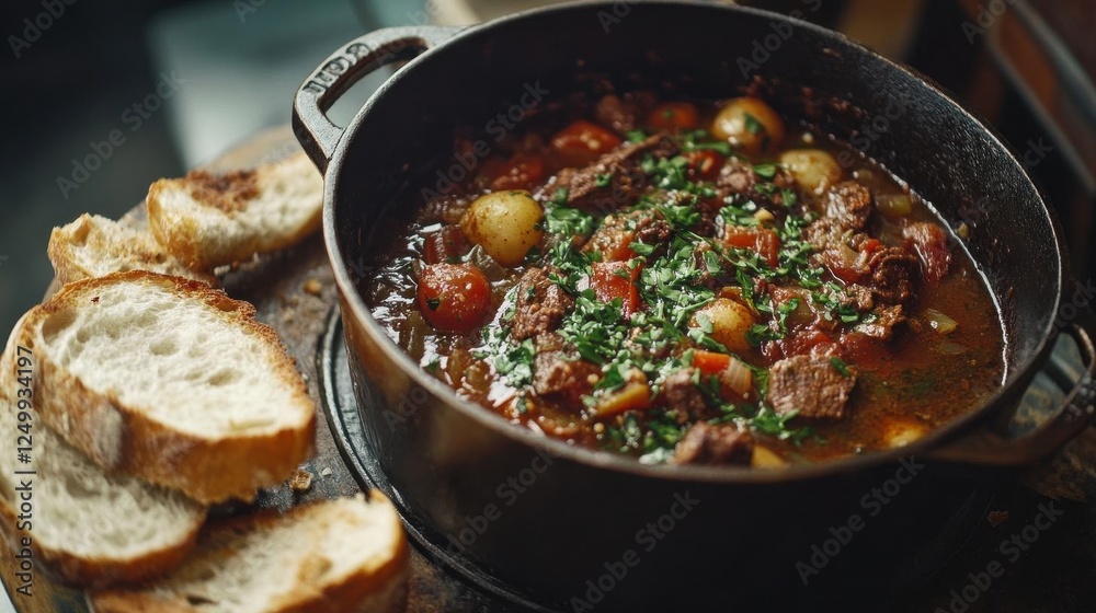 Hearty Beef Bourguignon Served in Rustic Cast Iron Pot with Crusty Bread on Wooden Table Hearty Beef Bourguignon Served in Rustic Cast Iron Pot with Crusty Bread on Wooden Table