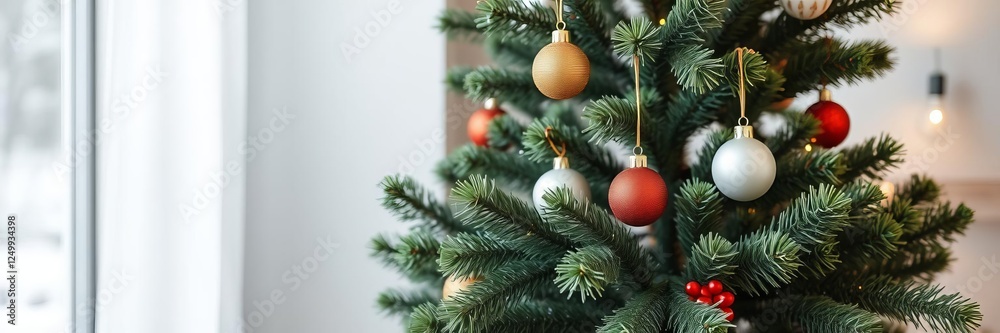 Fototapeta premium Scandinavian style interior adorned with a 3D rendered New Year tree and festive Christmas decorations, greenery, Christmas decoration, interior design