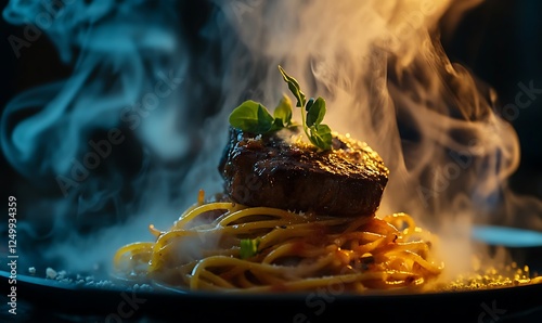 Exquisite culinary presentation, Seared steak atop steaming pasta nest
