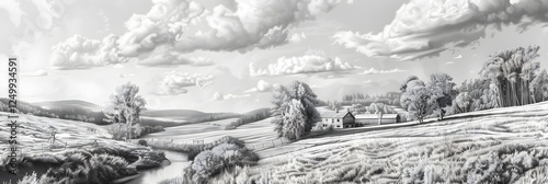 Serene Countryside Landscape with Rolling Hills, River, Farmhouse, and Trees in Pencil Sketch