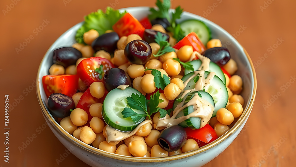 A vibrant chickpea salad with tomatoes, cucumbers, olives, and a creamy dressing in a white bowl on a wooden table A vibrant chickpea salad with tomatoes, cucumbers, olives, and a creamy dressing in a white bowl on a wooden table