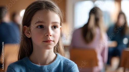 Thoughtful girl in a blue sweater, captures the essence of youth and contemplation against a blurred background.