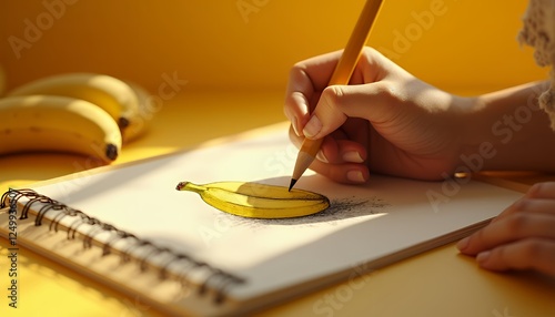 Drawing a Banana Still Life on Sketchbook with Pencil in Sunlight